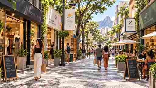Calçadão comercial amplo e movimentado, com lojas e serviços locais